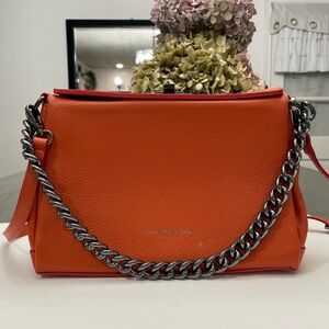 Viola castellani Vibrant Orange Leather Shoulder Bag with Gunmetal Chain